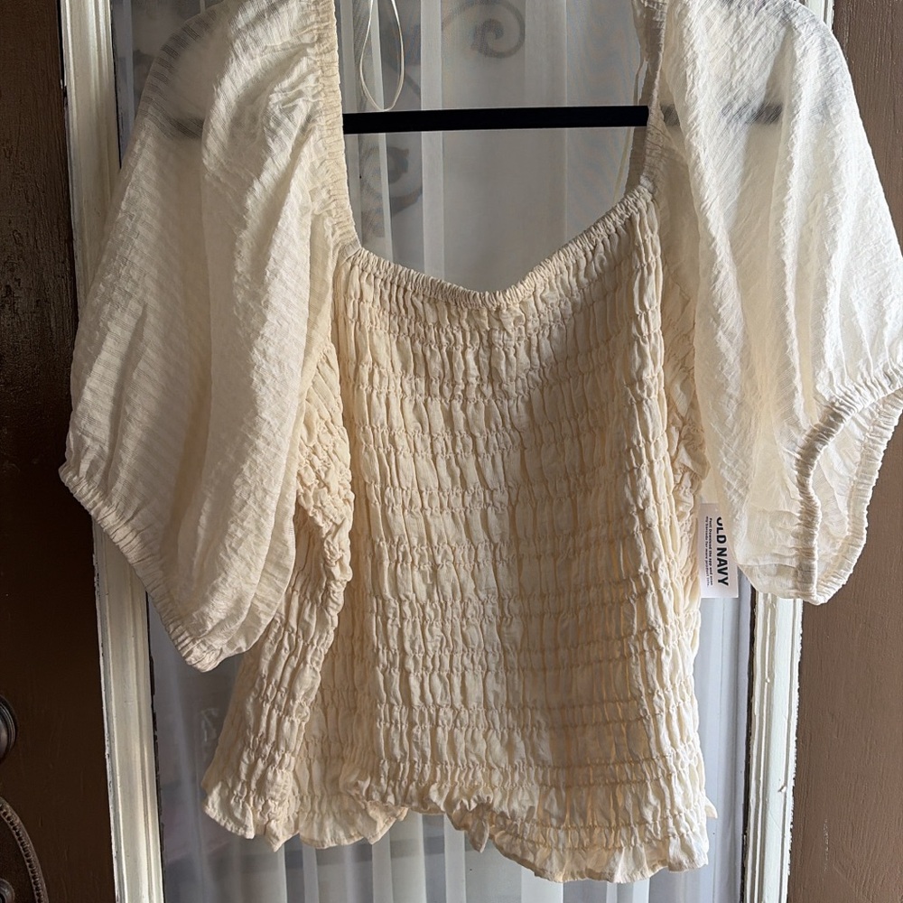 Old Navy Cream Smocked Puff-Sleeve Blouse